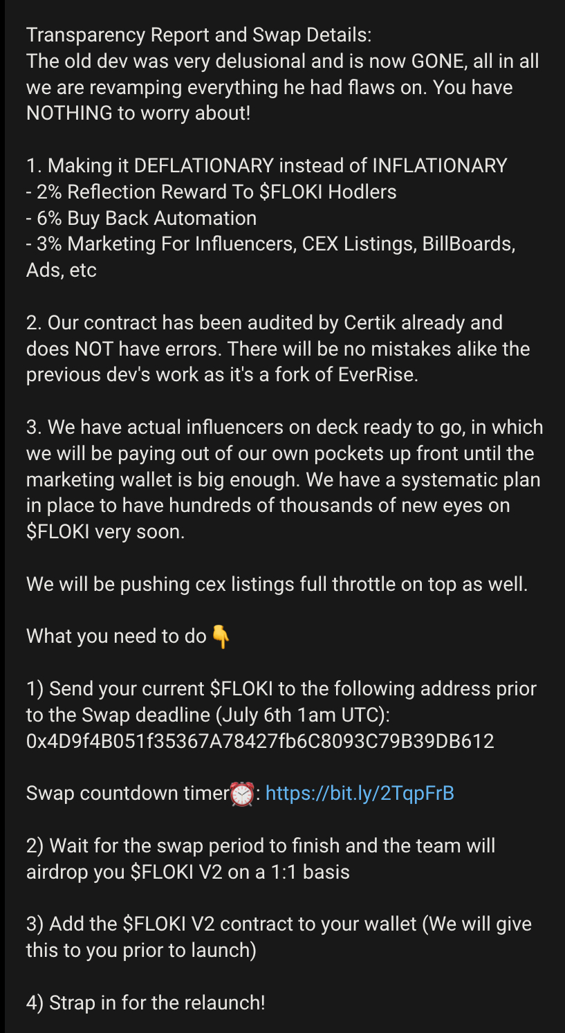 Cropped migration message explaining that the swap would move liquidity into a new contract.