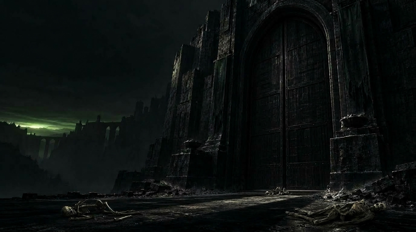 A monumental sealed black gate built into a dark stone fortress beneath a muted green horizon.