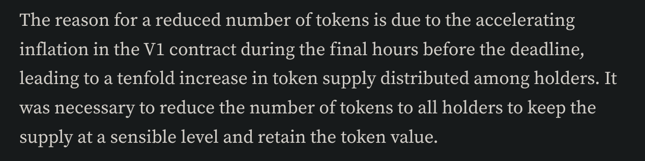 Cropped published explanation saying token distributions were reduced because of accelerating V1 inflation.